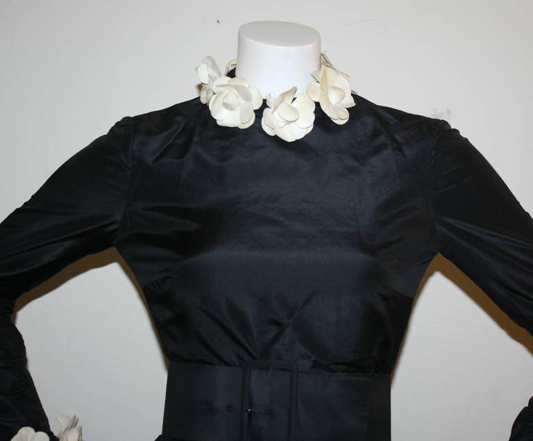 Women's Exceptional  Vintage Bill Blass Black Belted Gown Camellia Flowers