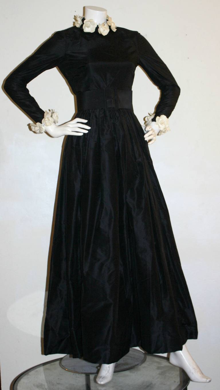 Exceptional  Vintage Bill Blass Black Belted Gown Camellia Flowers 2