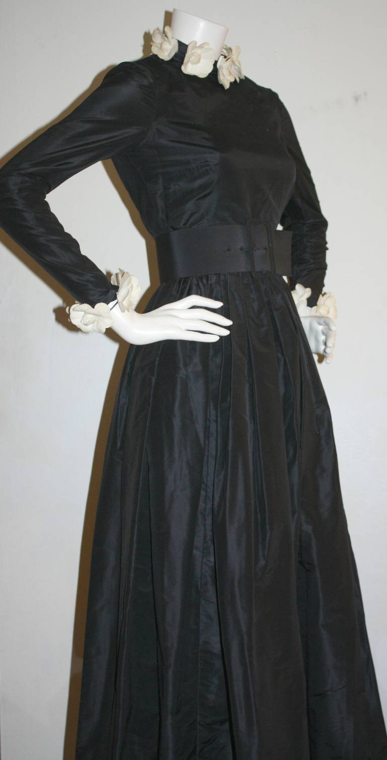 Exceptional  Vintage Bill Blass Black Belted Gown Camellia Flowers 3