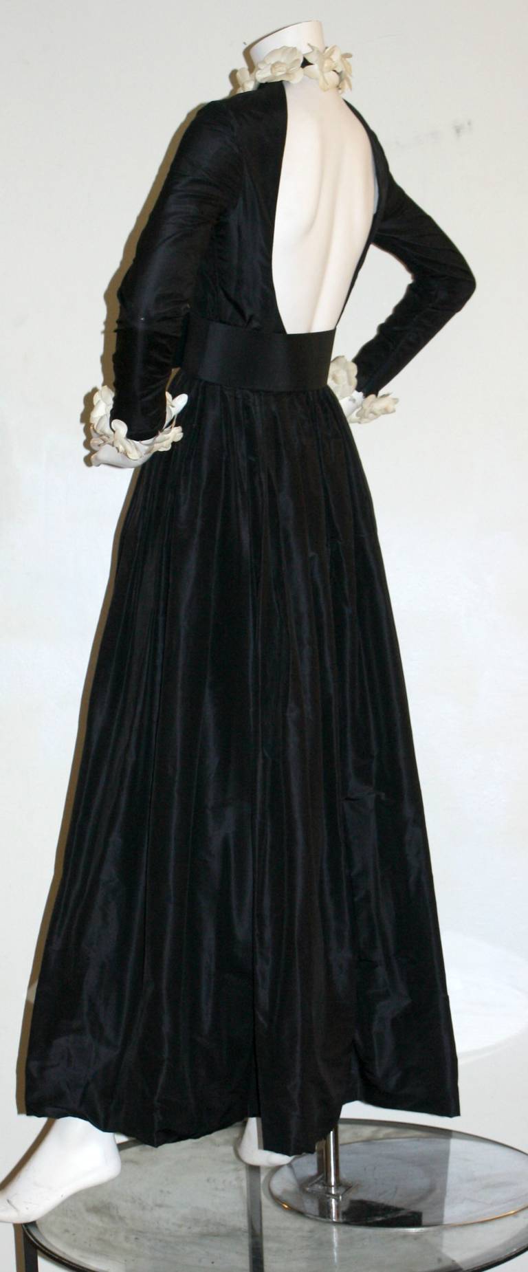 Exceptional  Vintage Bill Blass Black Belted Gown Camellia Flowers 1