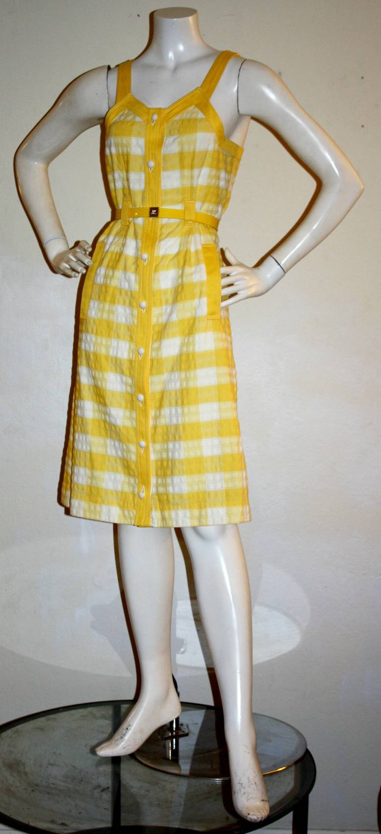 Courreges Space Age Vintage Yellow & White Plaid Mod Dress & Patent Belt In Excellent Condition In San Diego, CA