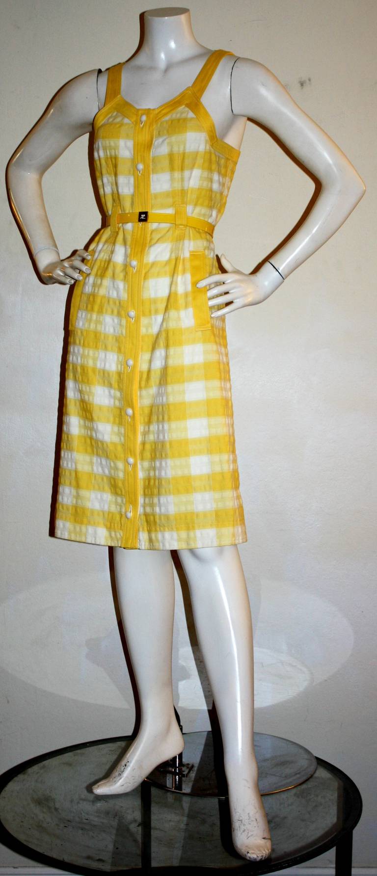 Courreges Space Age Vintage Yellow & White Plaid Mod Dress & Patent Belt 1