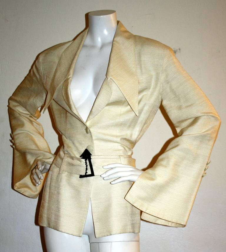 Beige Karl Lagerfeld Vintage Silk Jacket with 'Lagerfeld' buckle belt