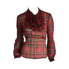 1990s Retro Betsey Johnson Tartan Plaid Tuxedo Ruffle Silk Blouse w/ Bow