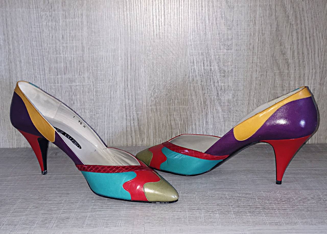 New 1980s Sz. 9.5 Color Block Leather / Snakeskin High Heels / Vintage Shoes 1
