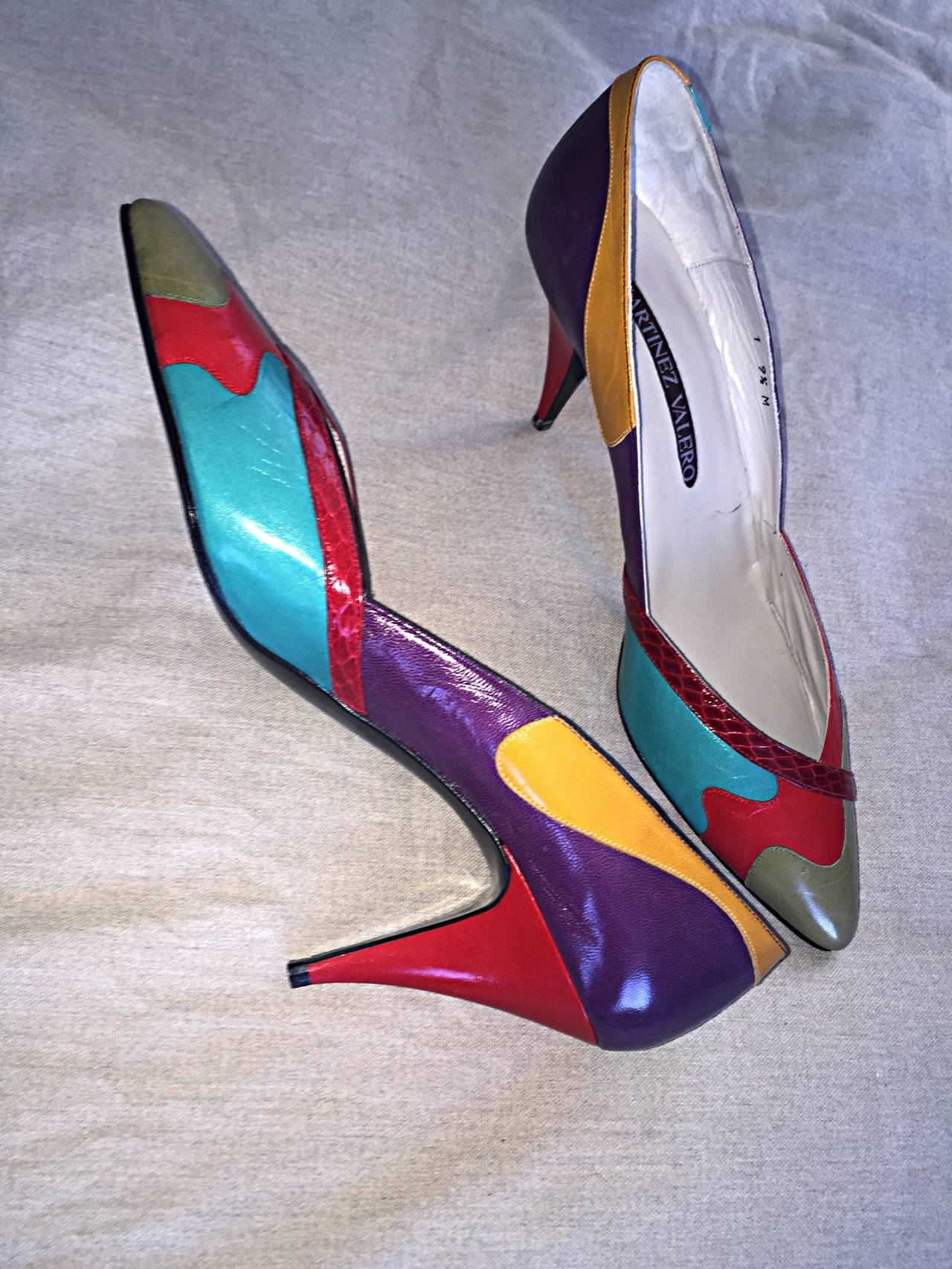 New 1980s Sz. 9.5 Color Block Leather / Snakeskin High Heels / Vintage Shoes 2