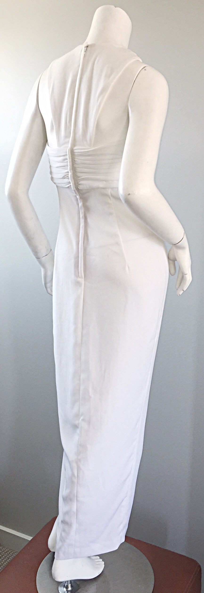 De las mujeres 1990s Vintage Tadashi Shoji Blanco 90s Vestido Grecian c/ Rhinestones + Perla en venta