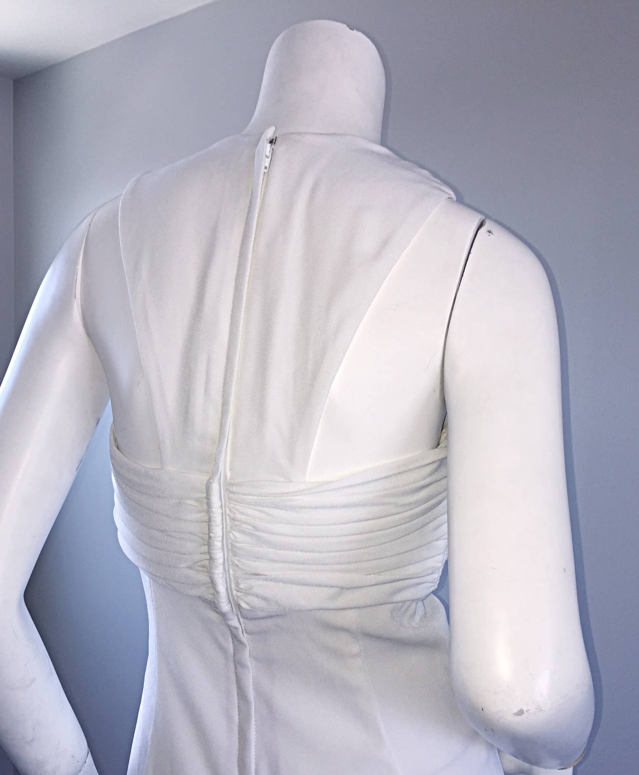 Gray 1990s Vintage Tadashi Shoji White 90s Grecian Dress w/ Rhinestones + Pearl For Sale