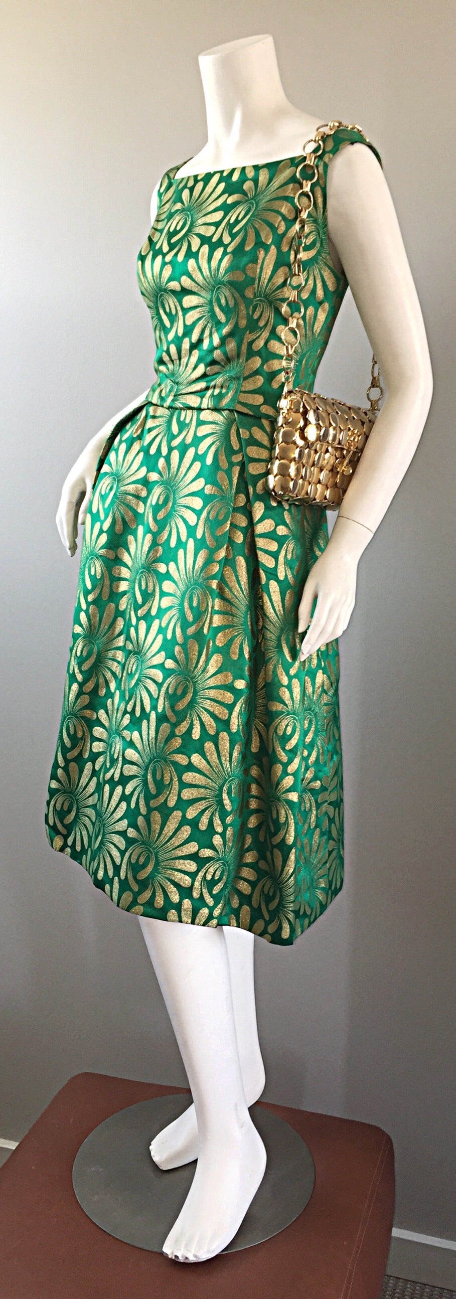 Blue 1950s 50s Vintage Blauner for Bonwit Teller Green + Gold ' New Look ' Silk Dress