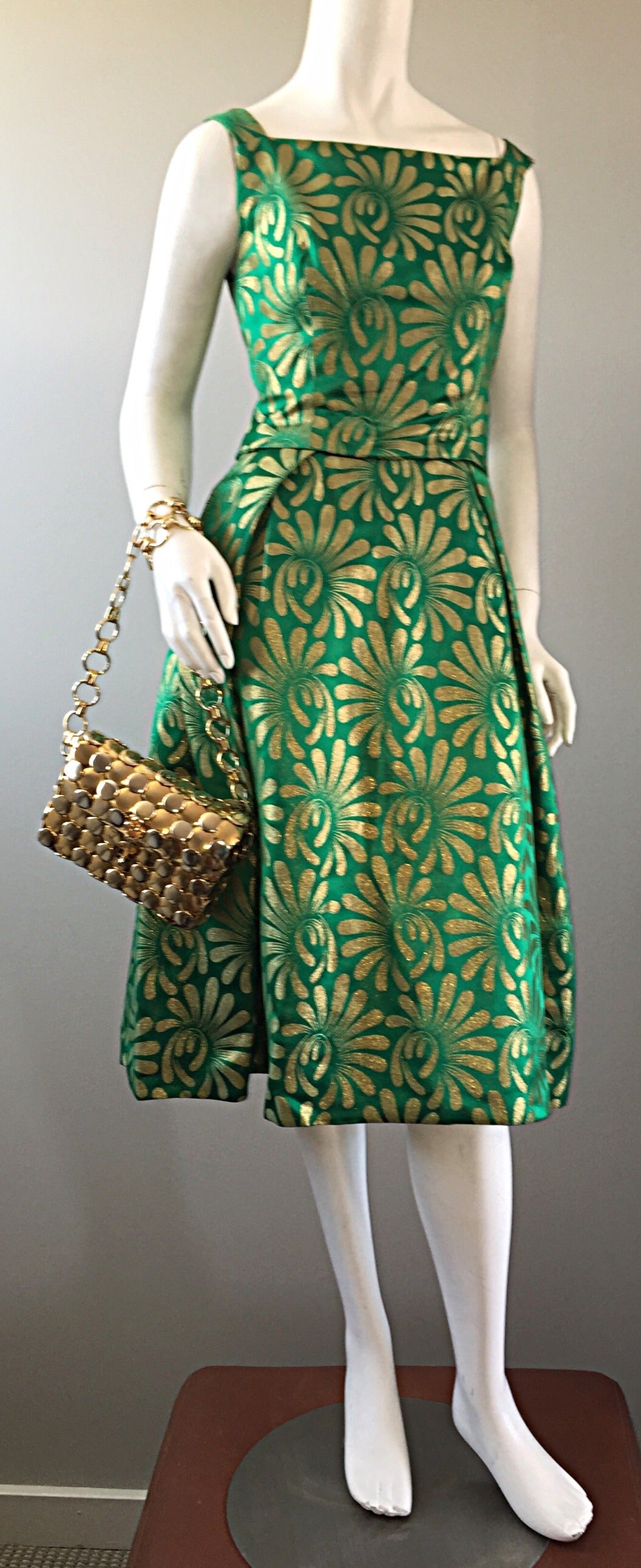 1950s 50s Vintage Blauner for Bonwit Teller Green + Gold ' New Look ' Silk Dress 1