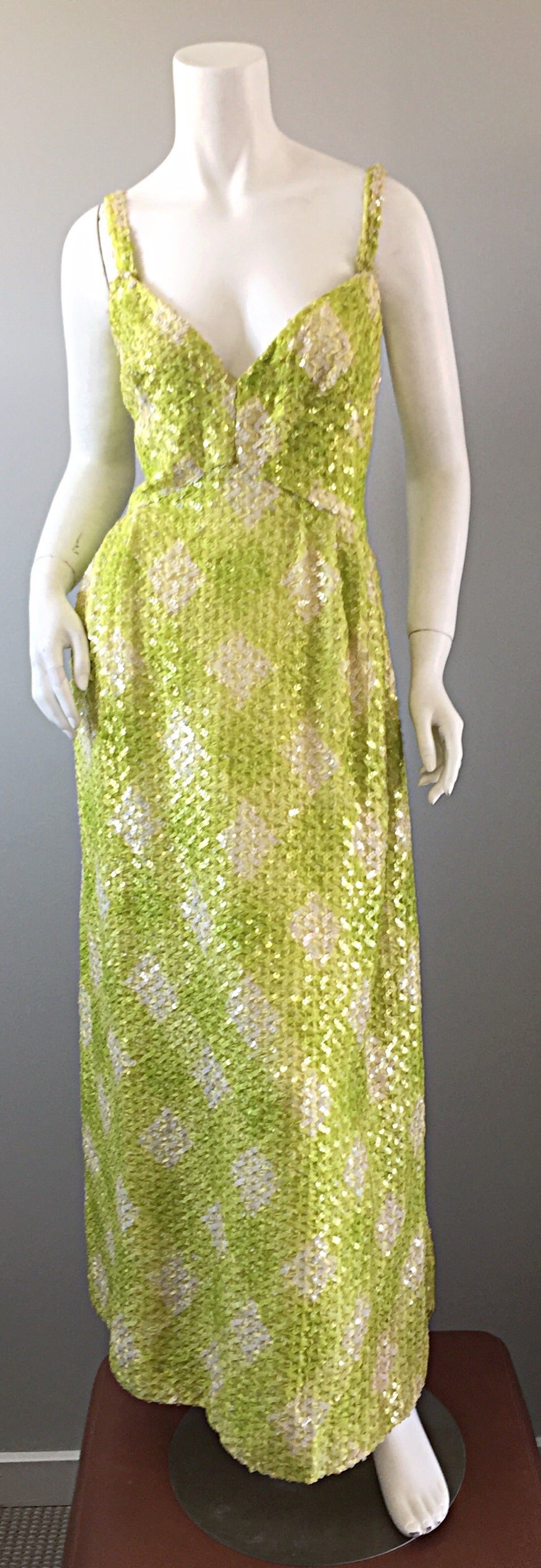 Stunning 1960s Bonwit Teller all-over sequin maxi dress (BRAND NEW, w/ TAGS)!!! Oversized gingham print, in chartreuse (green) and white, encrusted with thousands of sequins. Beautiful fit. Fully lined. Full zipper up the back. In great, unworn