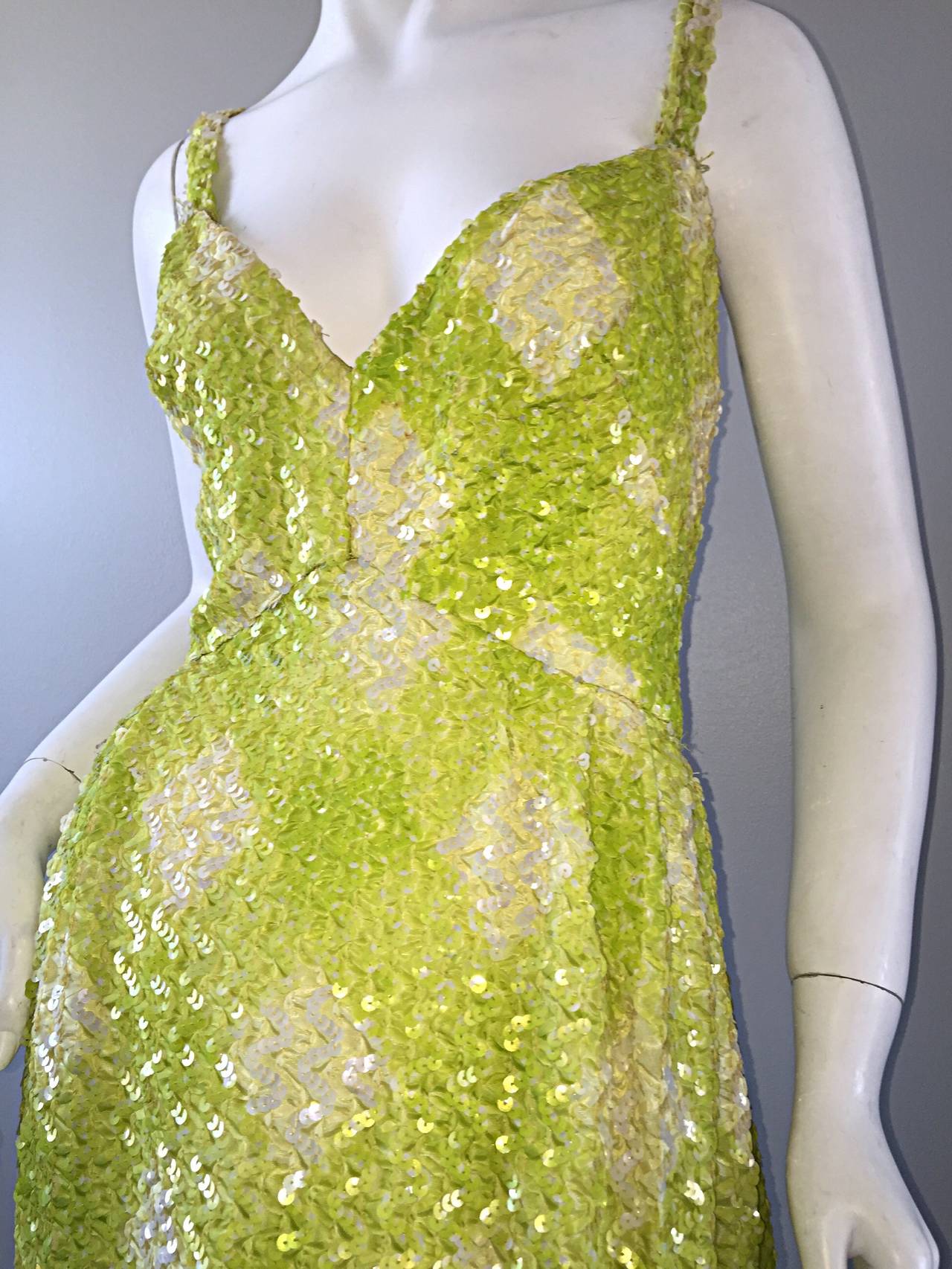 New 1960s Bonwit Teller Chartreuse + White ' Oversized Gingham ' Sequin Dress In New Condition In San Diego, CA