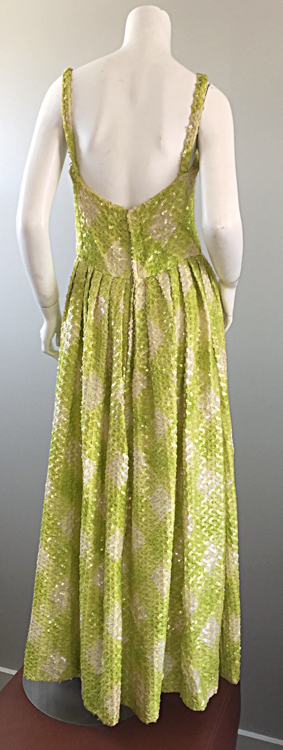 Women's New 1960s Bonwit Teller Chartreuse + White ' Oversized Gingham ' Sequin Dress