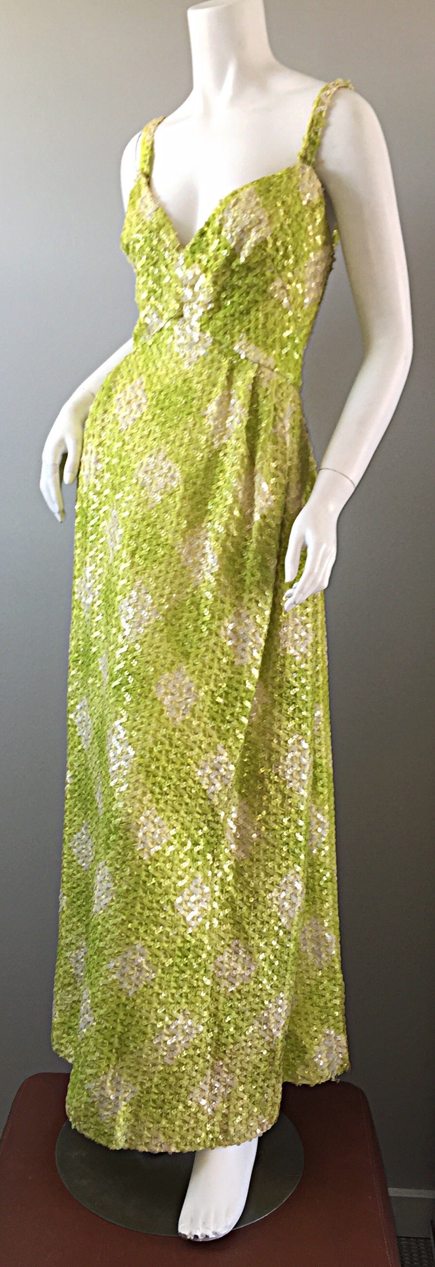 New 1960s Bonwit Teller Chartreuse + White ' Oversized Gingham ' Sequin Dress 1