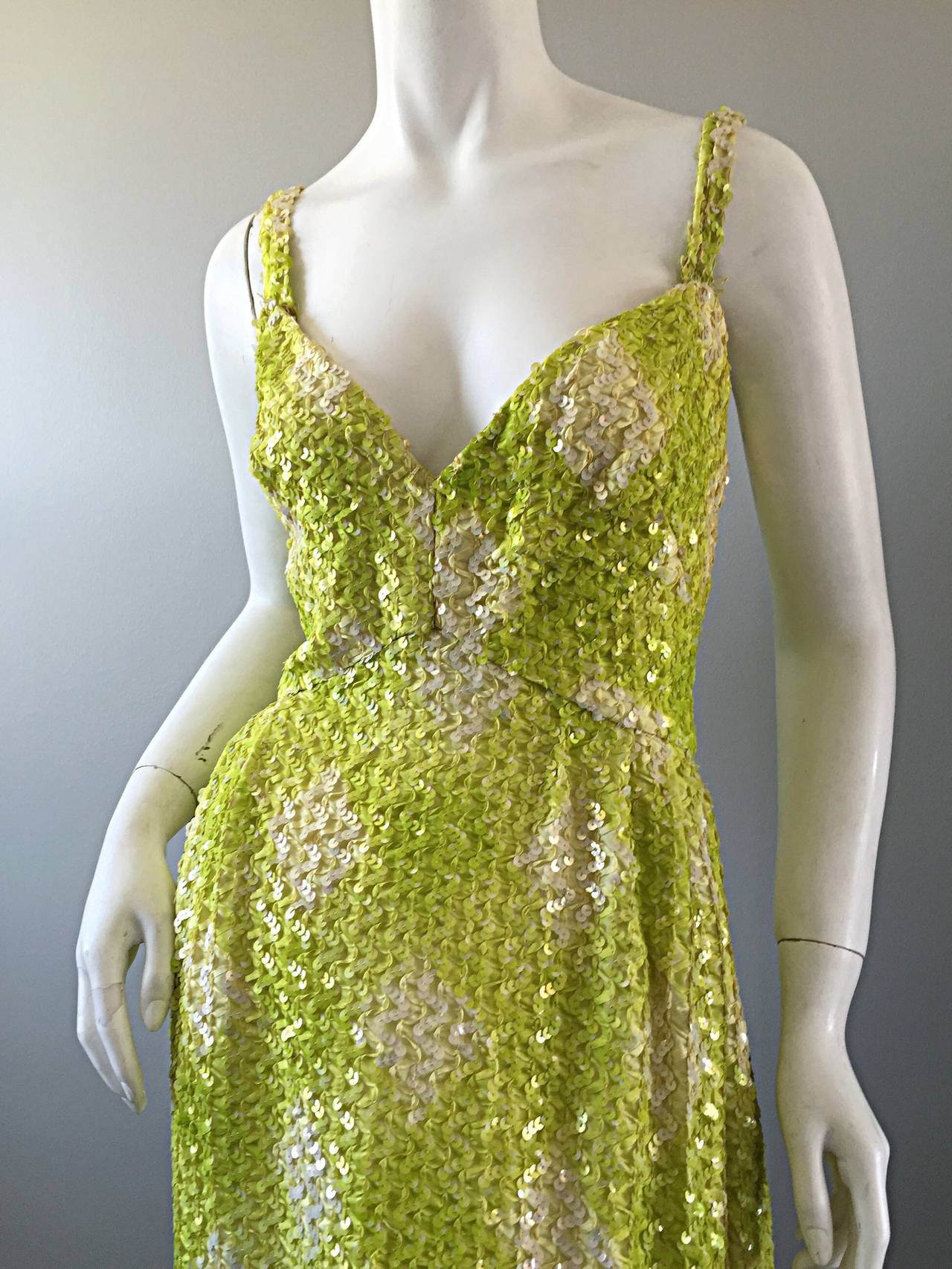 New 1960s Bonwit Teller Chartreuse + White ' Oversized Gingham ' Sequin Dress 3