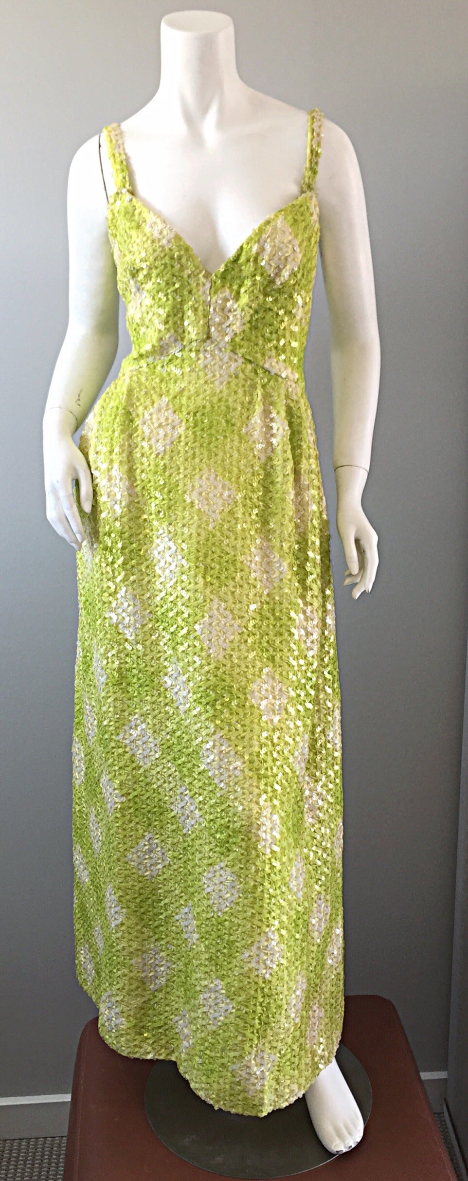 New 1960s Bonwit Teller Chartreuse + White ' Oversized Gingham ' Sequin Dress 5