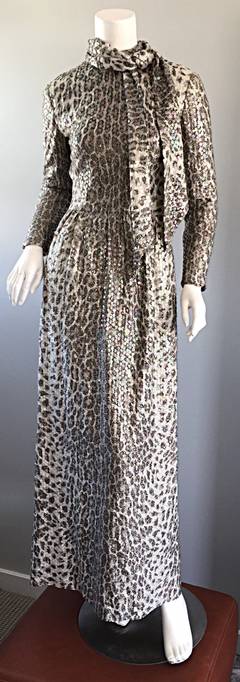 Vintage Adele Simpson ' Snow Leopard ' All - Over Sequin 1970s Dress + Sash