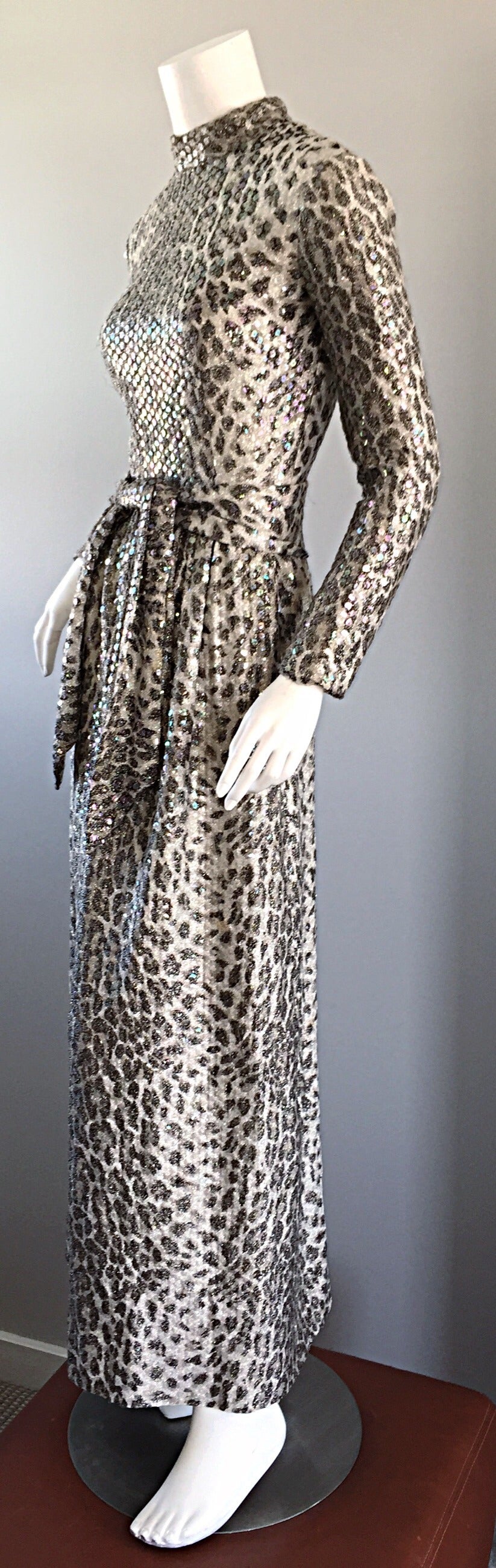 Vintage Adele Simpson ' Snow Leopard ' All - Over Sequin 1970s Dress + Sash 1