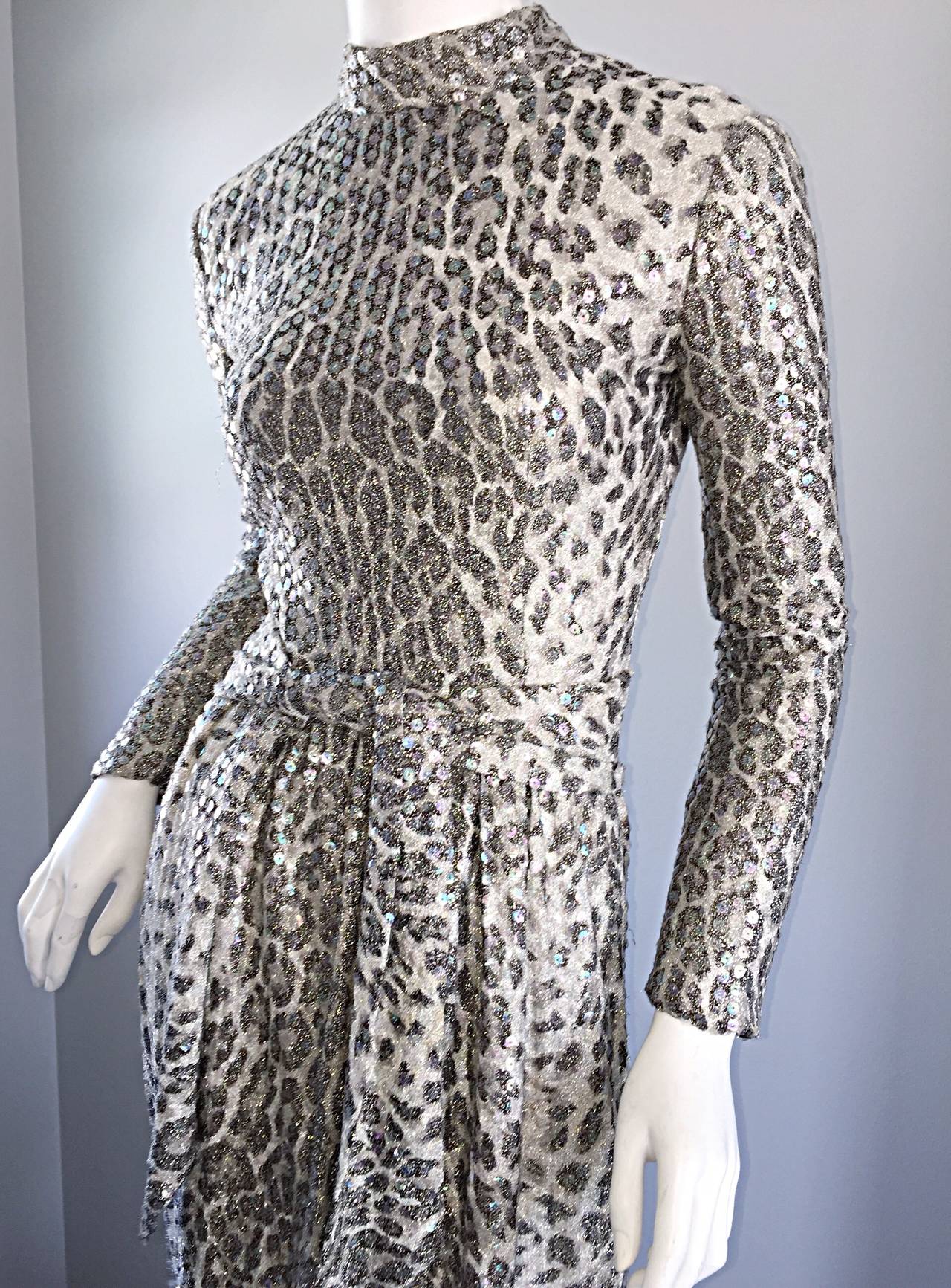 Vintage Adele Simpson ' Snow Leopard ' All - Over Sequin 1970s Dress + Sash 2