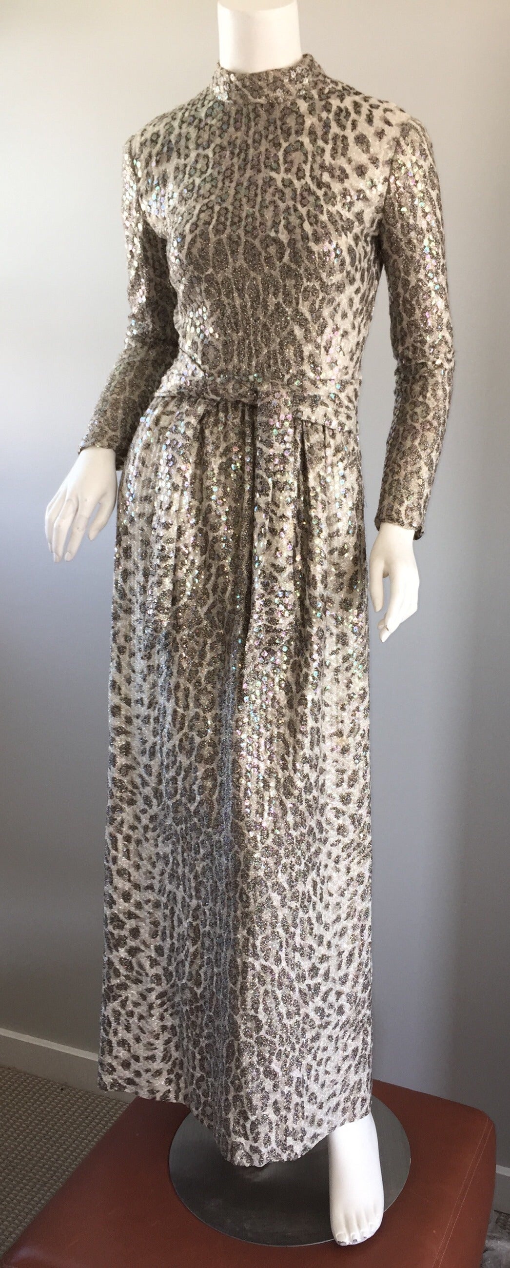 Vintage Adele Simpson ' Snow Leopard ' All - Over Sequin 1970s Dress + Sash 5