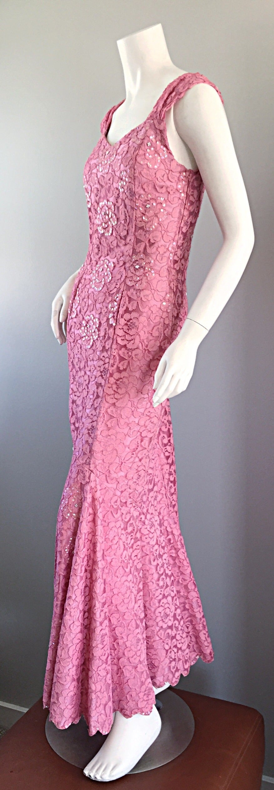 Purple Gorgeous 1950s 50s Couture Pink Vintage Mermaid Dress w/ Chantilly Lace + Sequin For Sale