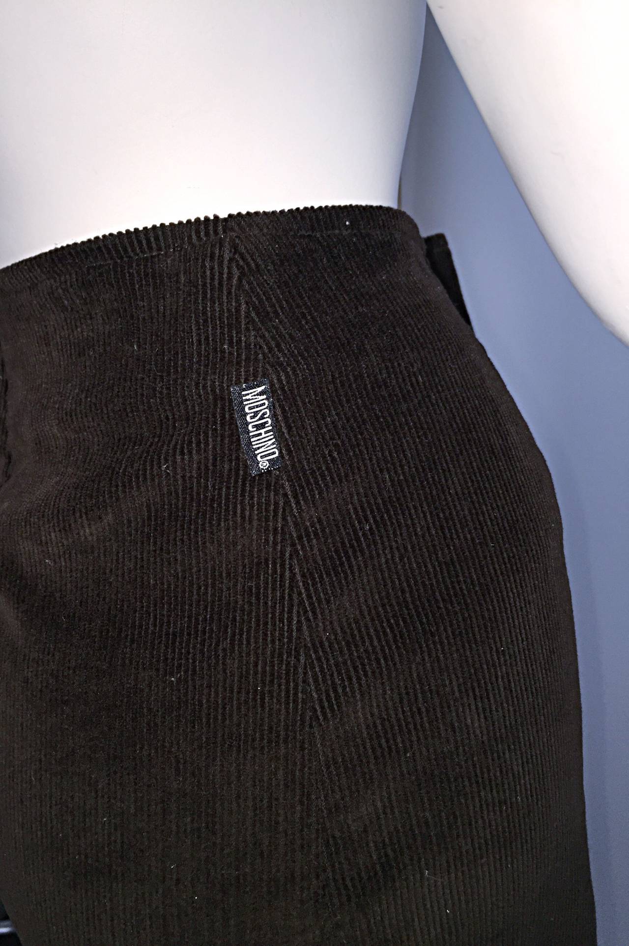 Vintage Moschino Brown Cotton Corduroy Studded 1990s 90s Fringe Mini Skirt 2