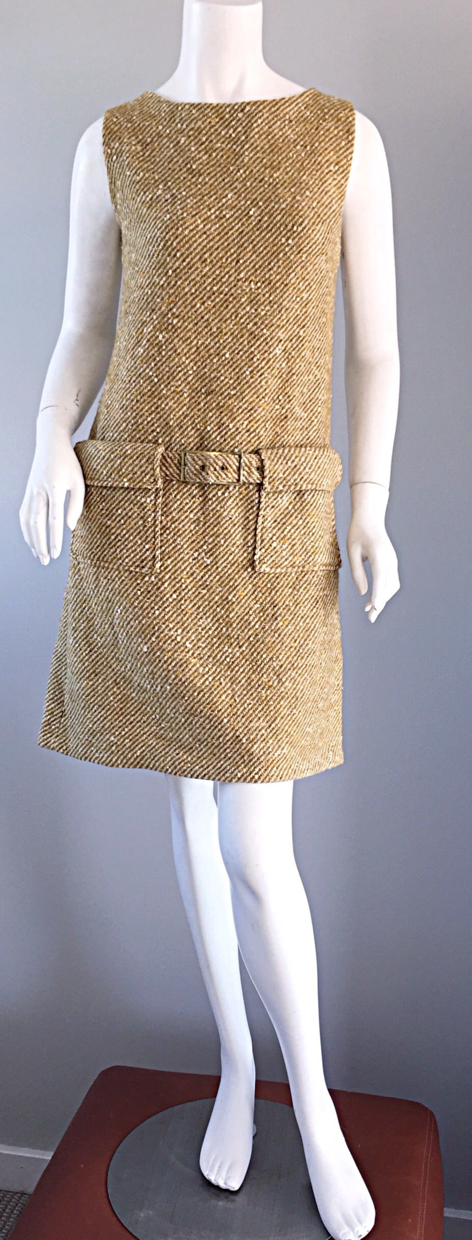 Chic vintage 1960s wool shift dress! Multi colors of taupe, ivory, brown, and white throughout. Detachable belts that loop through 'mock' pockets below the waist. Flattering drop-waist style. Can also be worn without the belt (or with a different 