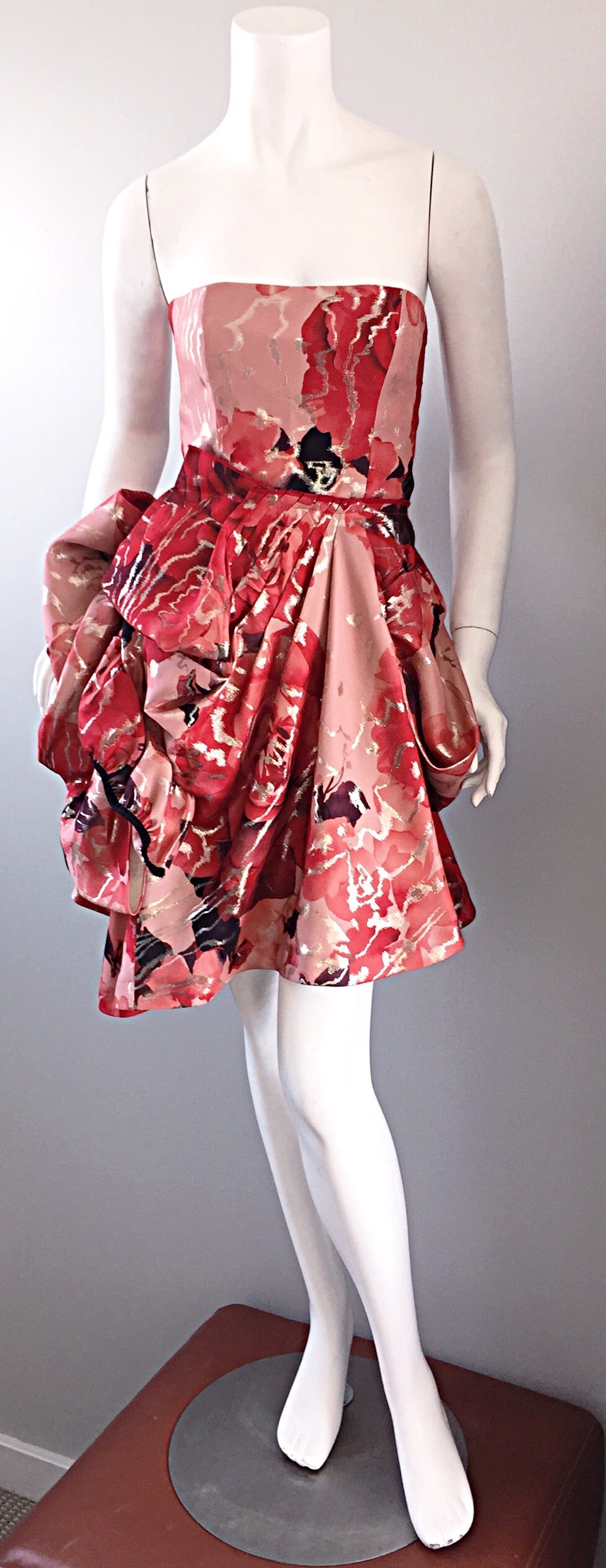 Rare 1990s Vintage Isaac Mizrahi Size 2 Red Pink Gold Futuristic Silk Rose Dress 2