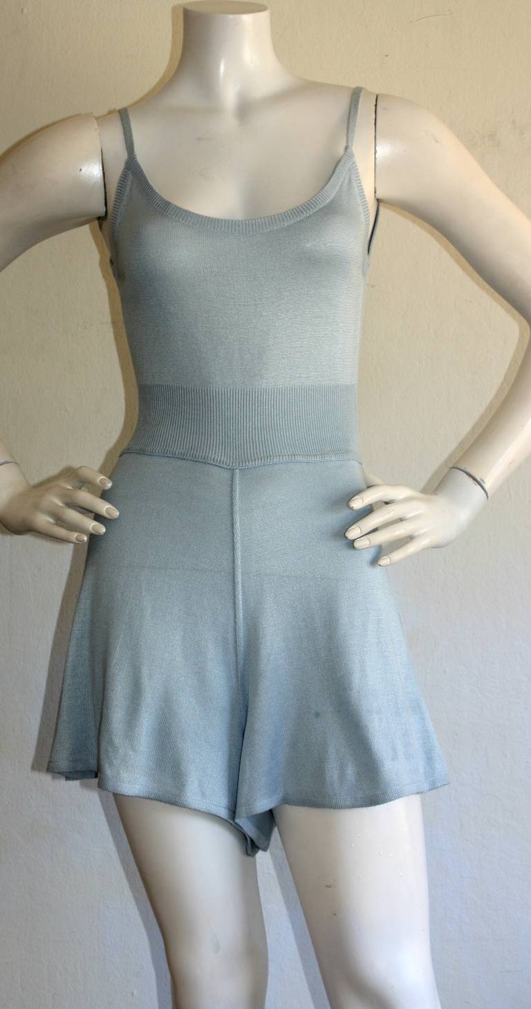 Adorable vintage Alaia romper/Playsuit in pale blue. Such a chic little number that is perfect for spring and summer!! Never worn. In great condition. Approximately Size Small

Measurements: (Plenty of stretch)
32-38 inch bust
24-28 inch waist