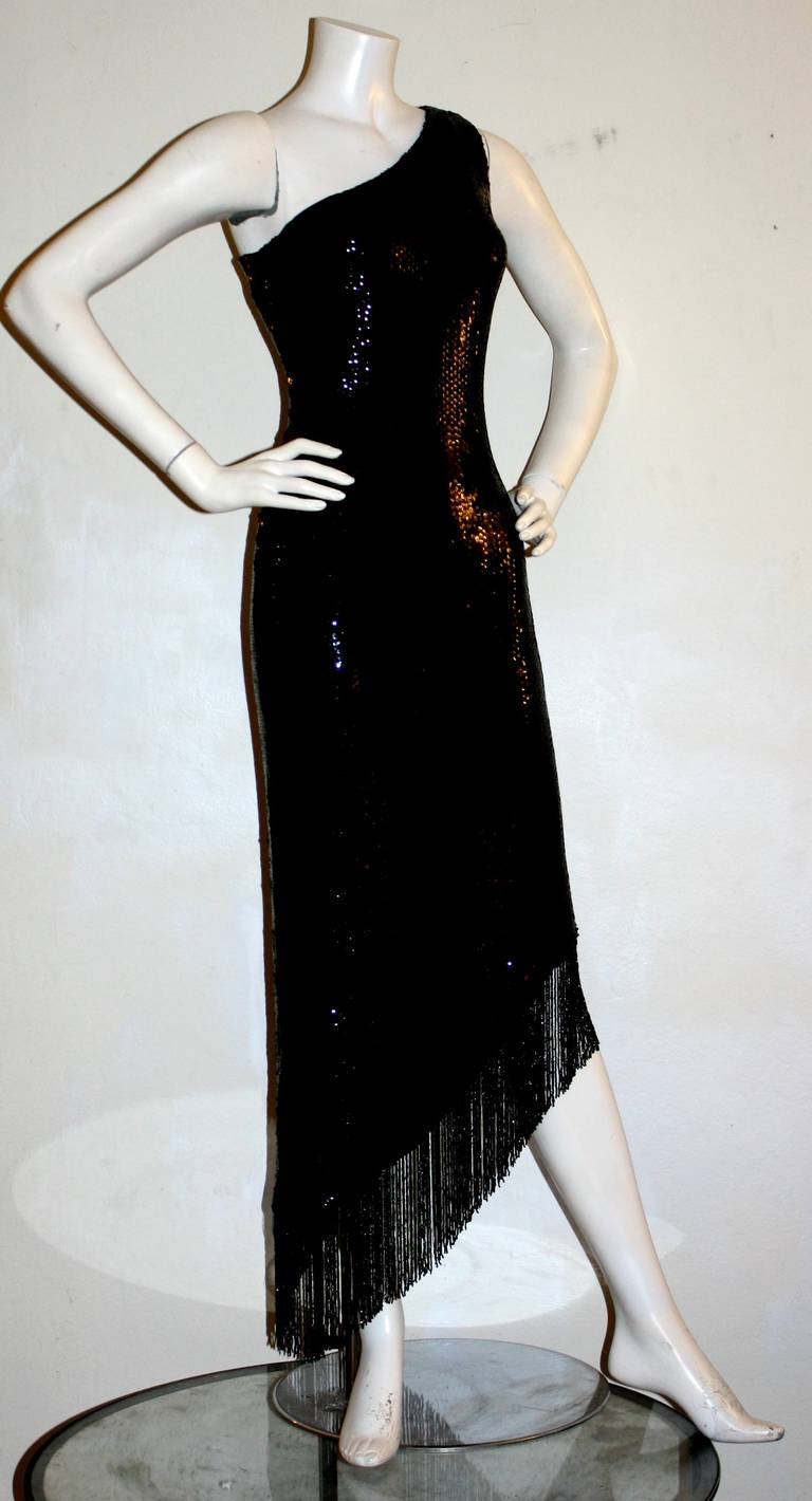 Bill Blass Sexy Vintage Black One-Shoulder Sequin Beaded Flapper Dress In Excellent Condition In San Diego, CA