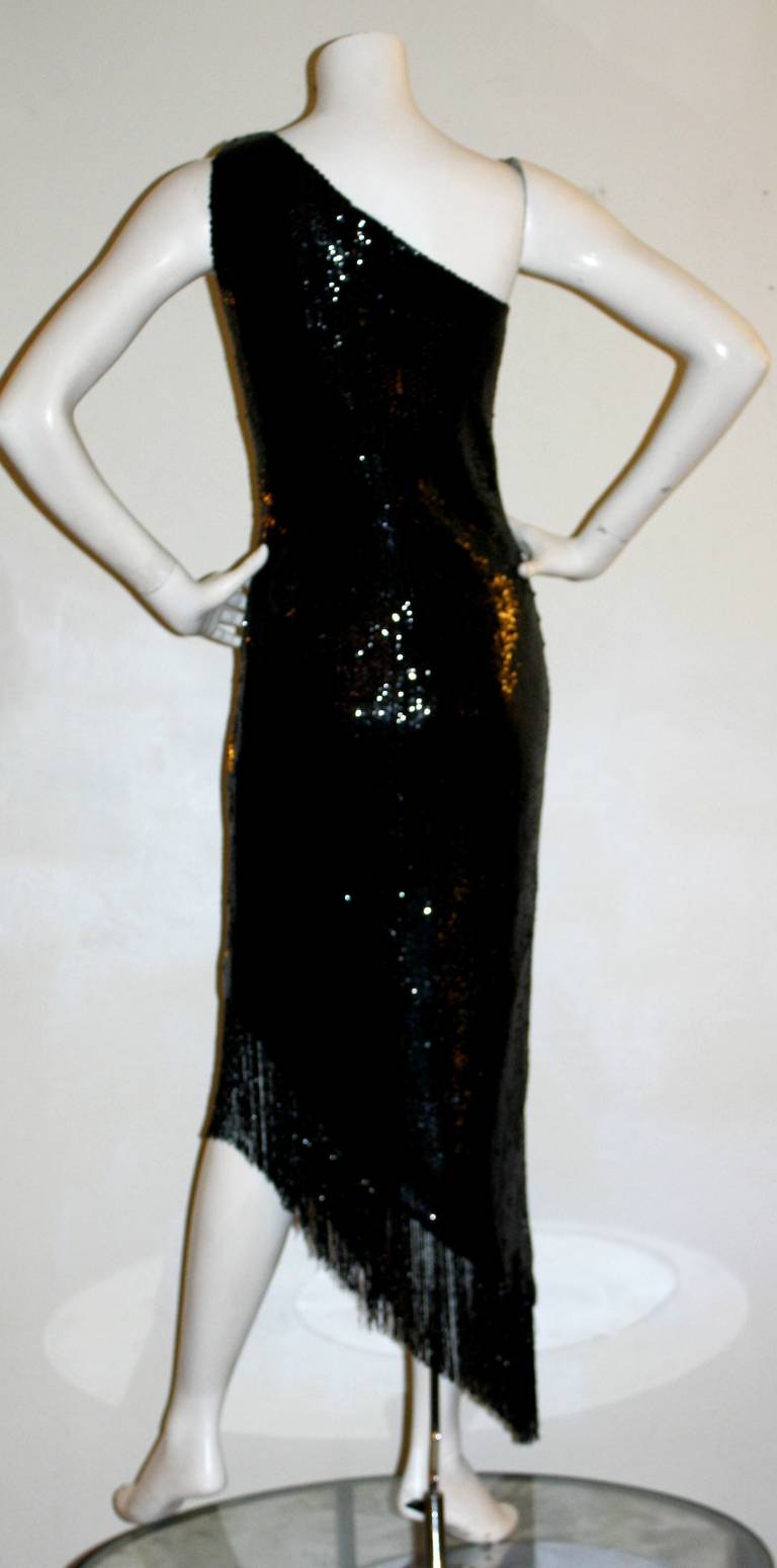 Bill Blass Sexy Vintage Black One-Shoulder Sequin Beaded Flapper Dress 1