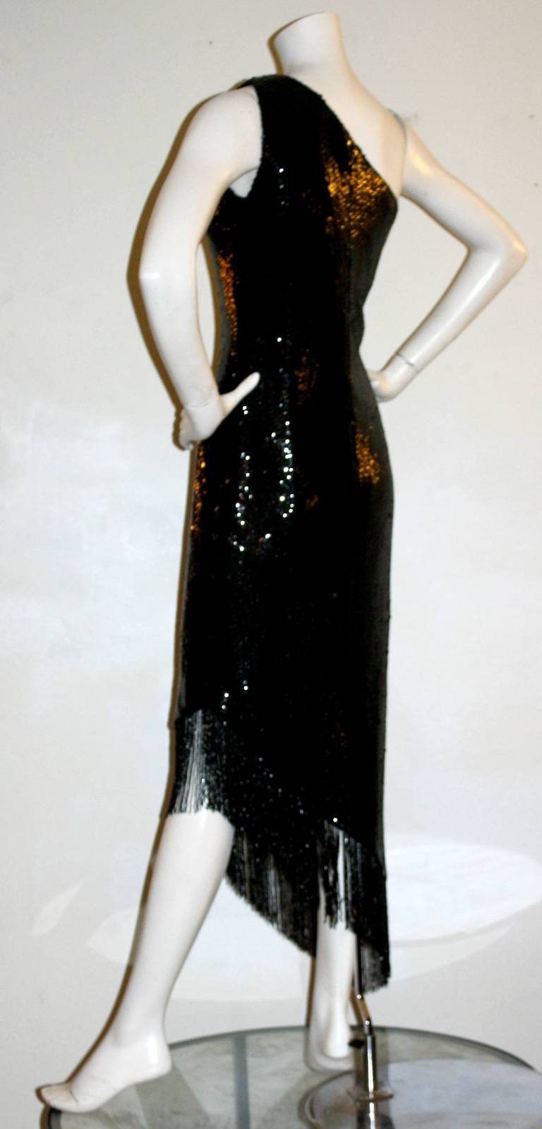 Bill Blass Sexy Vintage Black One-Shoulder Sequin Beaded Flapper Dress 2