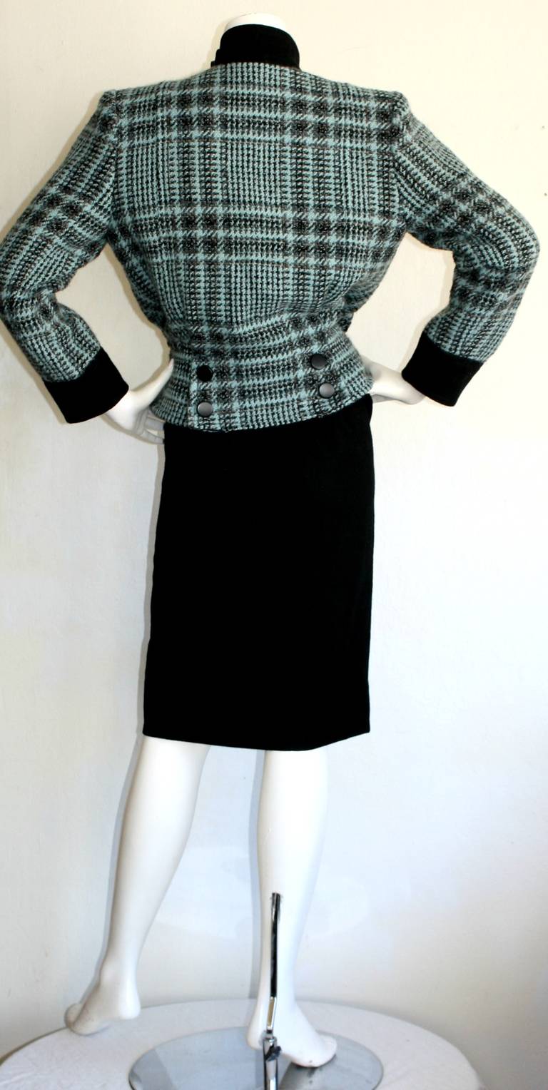 Andre Courreges Vintage Space Age Avant Garde Futuristic Blue + Black Skirt Suit In Excellent Condition In San Diego, CA