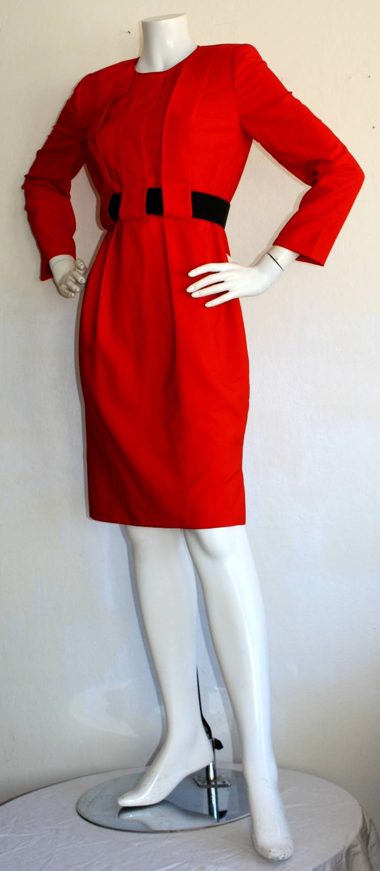 Wonderful James Galanos Lipstick Red Belted Long Sleeve Dress In Excellent Condition In San Diego, CA