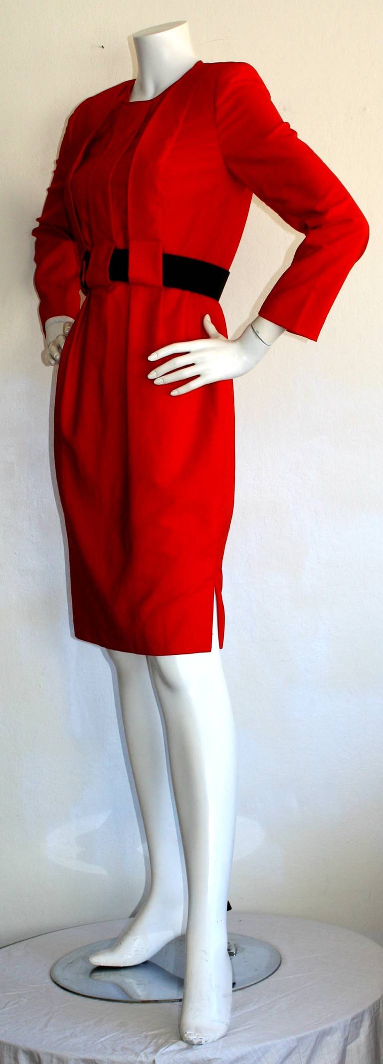 Wonderful James Galanos Lipstick Red Belted Long Sleeve Dress 1