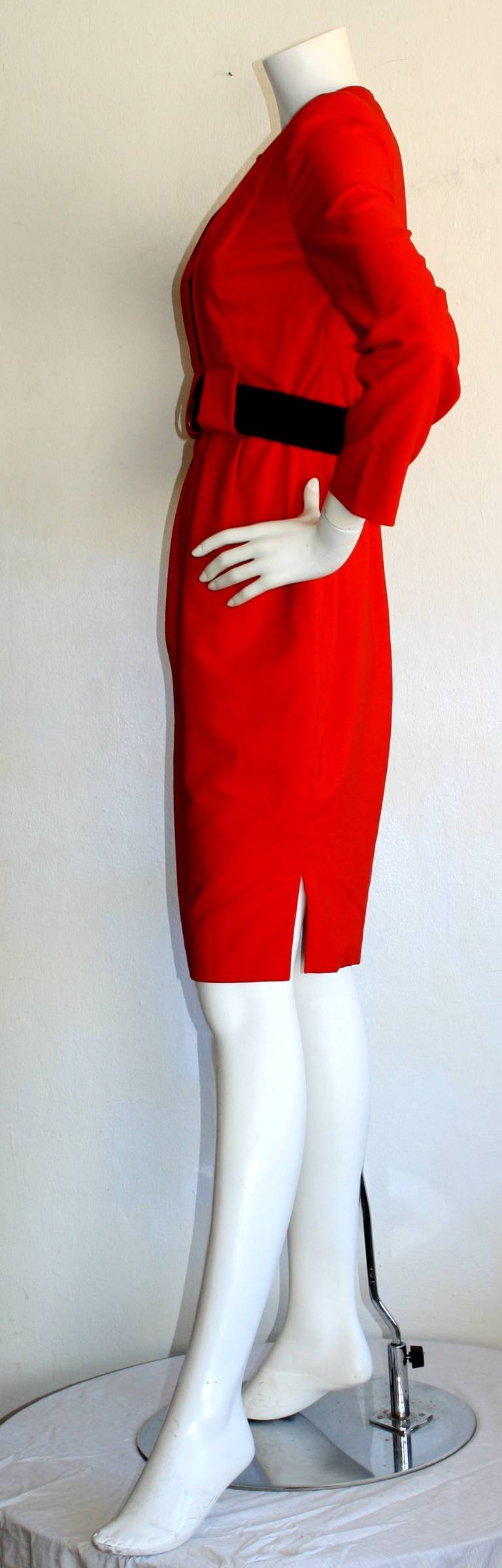 Wonderful James Galanos Lipstick Red Belted Long Sleeve Dress 2