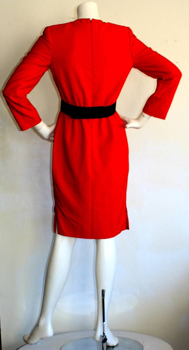 Women's Wonderful James Galanos Lipstick Red Belted Long Sleeve Dress