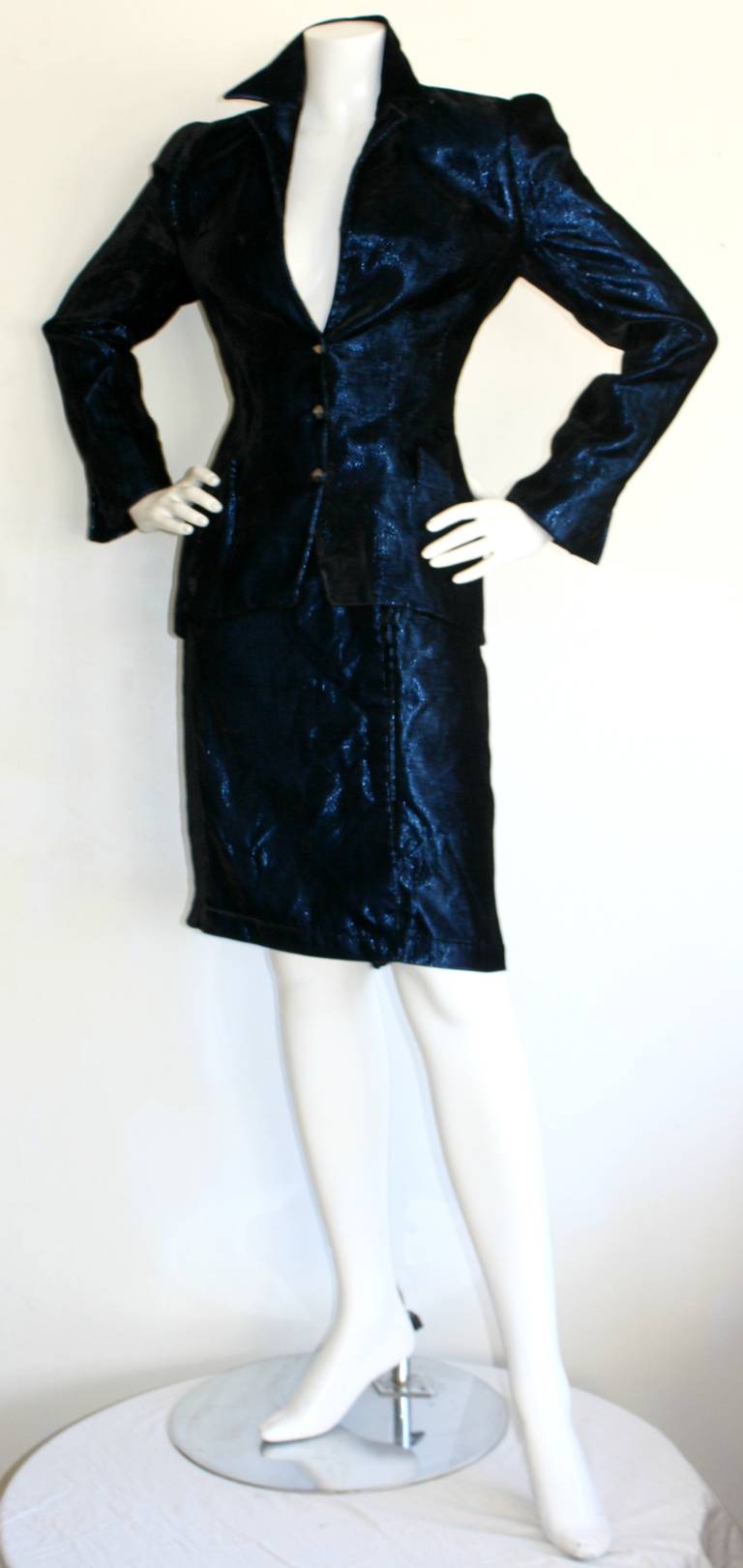 Vintage Thierry Mugler Blue Velvet Metallic Power Suit Avant Garde In Excellent Condition In San Diego, CA