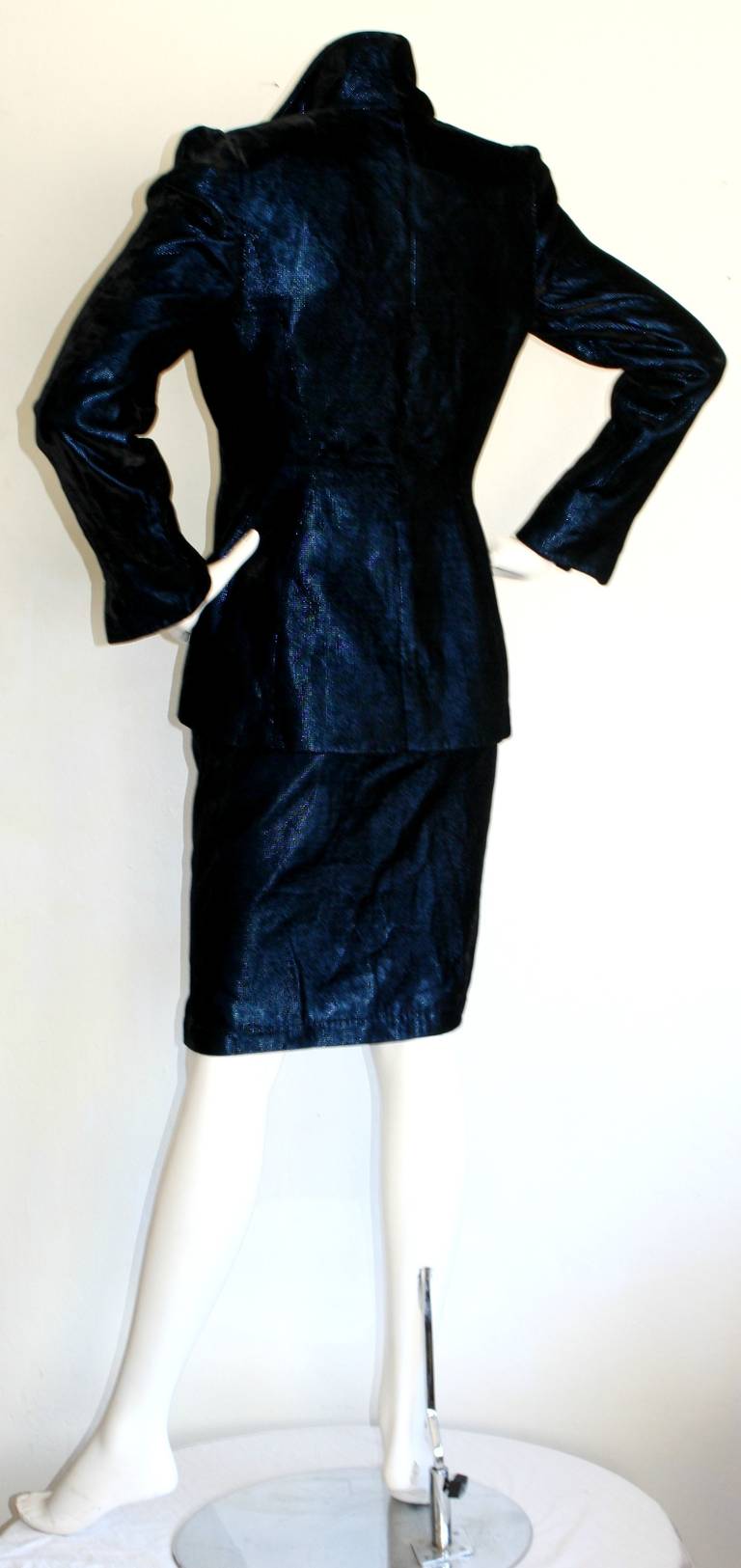 Black Vintage Thierry Mugler Blue Velvet Metallic Power Suit Avant Garde