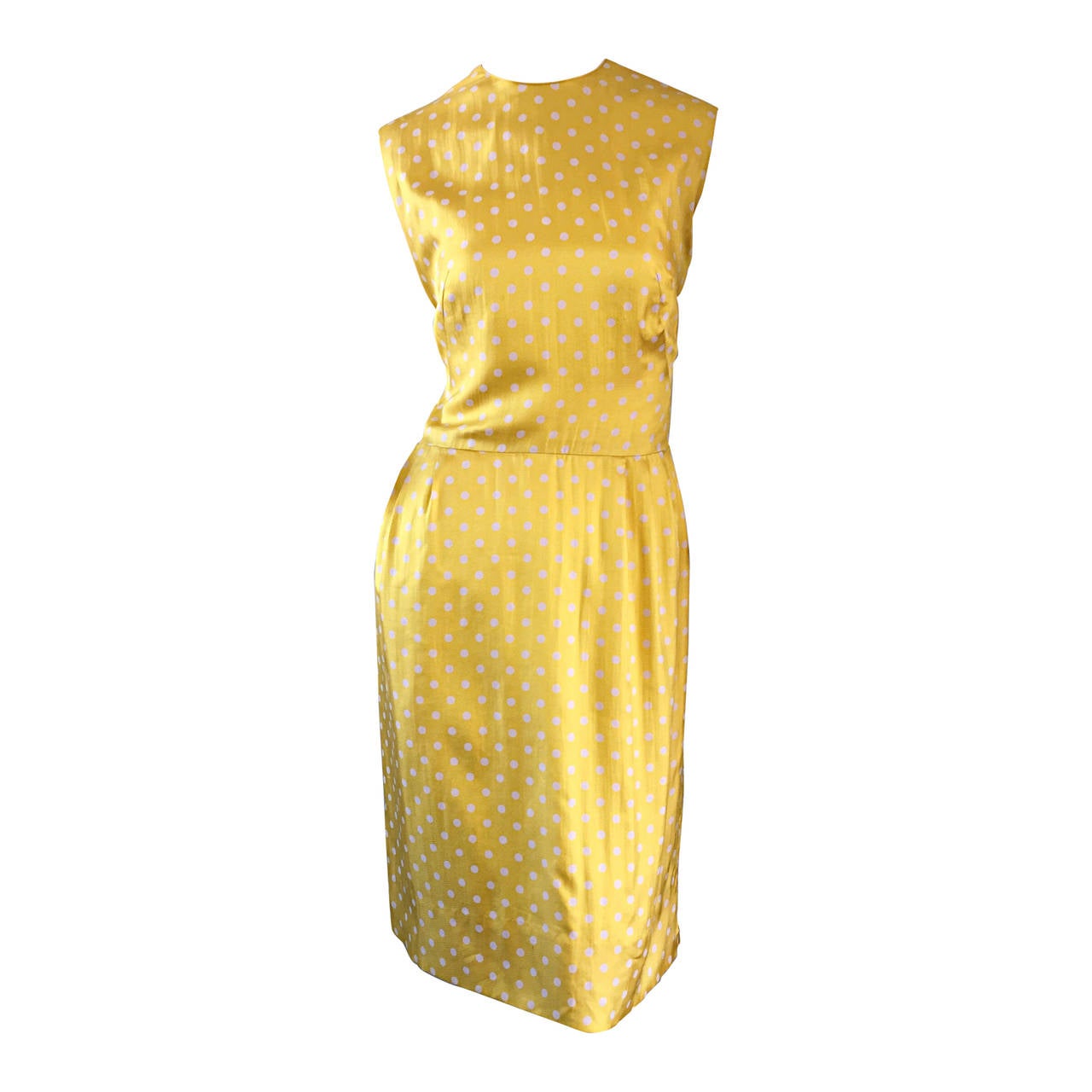 Late 1950s Addie Masters Silk 50s Day Dress w/ Yellow & White Polka Dots For Sale