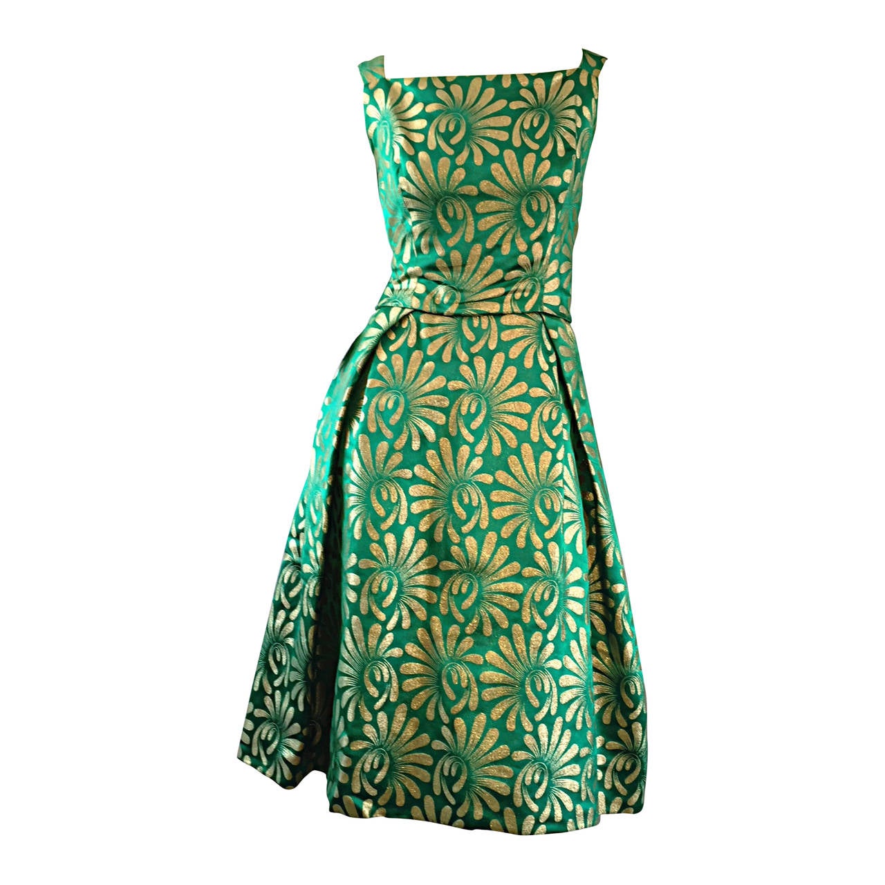 1950s 50s Vintage Blauner for Bonwit Teller Green + Gold ' New Look ' Silk Dress