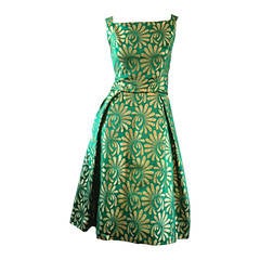 1950s 50s Vintage Blauner for Bonwit Teller Green + Gold ' New Look ' Robe en soie