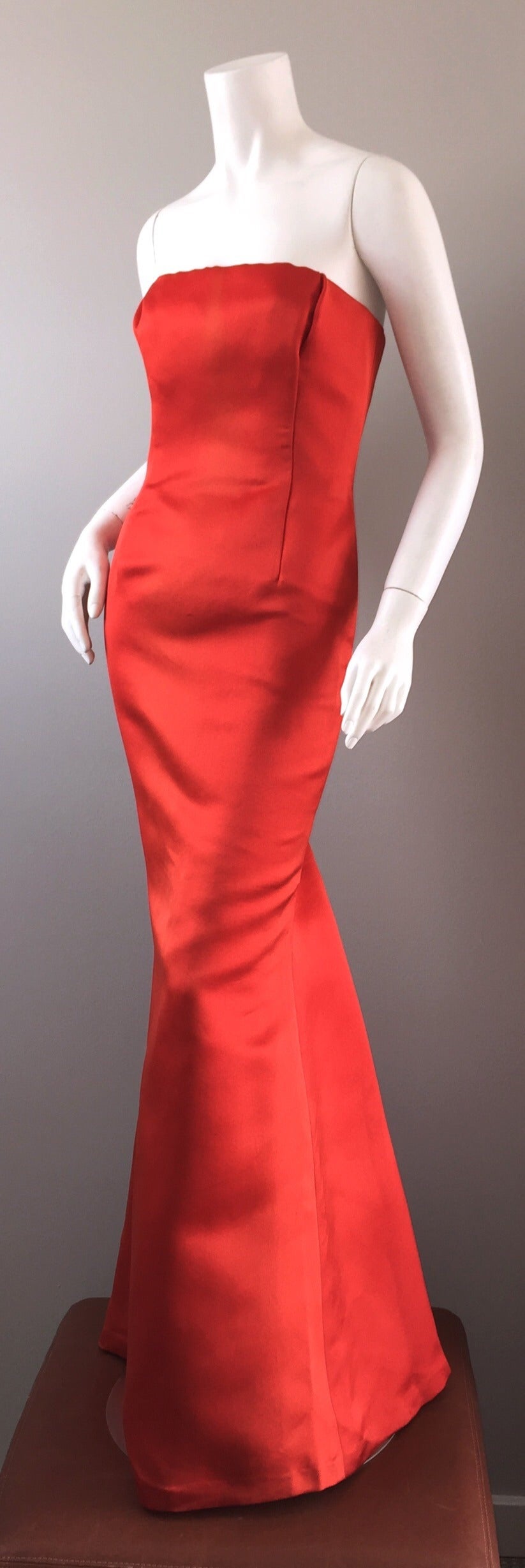 Stunning Vintage Bill Blass Lipstick Red Strapless Silk Mermaid Dress 
