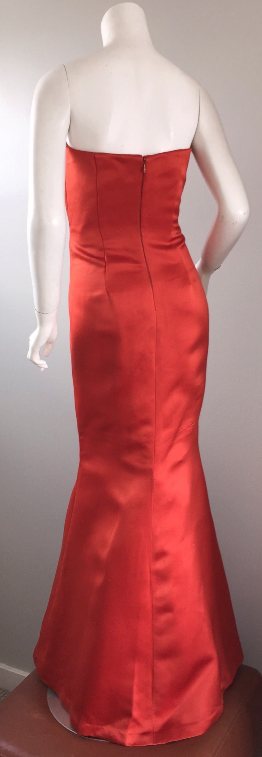 red strapless silk dress