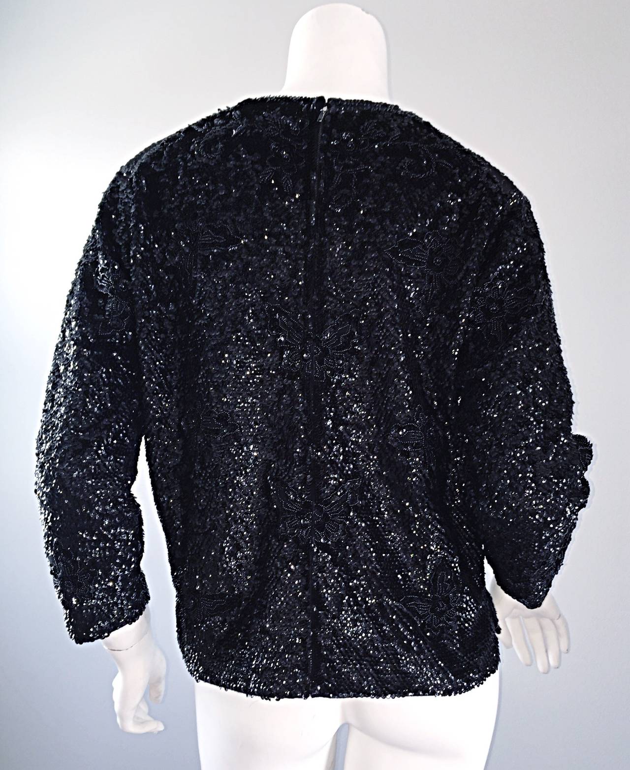 Women's Beautiful 1950s 50s Black Vintage Sequin Beaded Wool Sweater For Sale