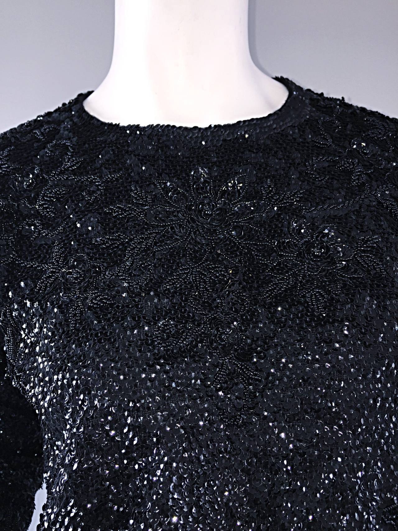 Beautiful 1950s 50s Black Vintage Sequin Beaded Wool Sweater For Sale 1