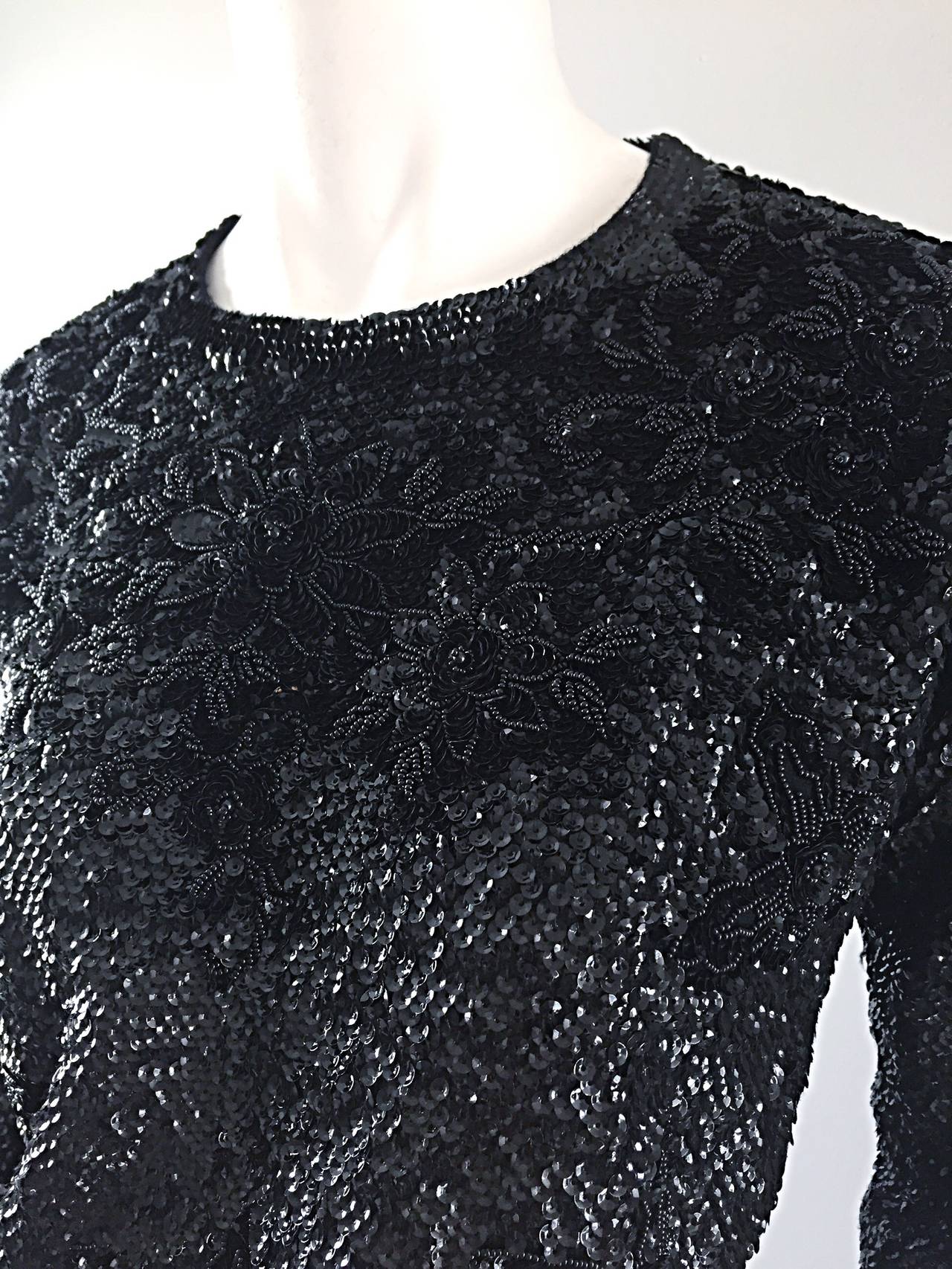 Beautiful 1950s 50s Black Vintage Sequin Beaded Wool Sweater For Sale 2