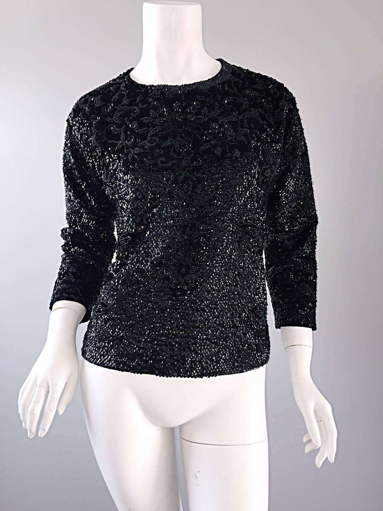 Beautiful 1950s 50s Black Vintage Sequin Beaded Wool Sweater For Sale 3