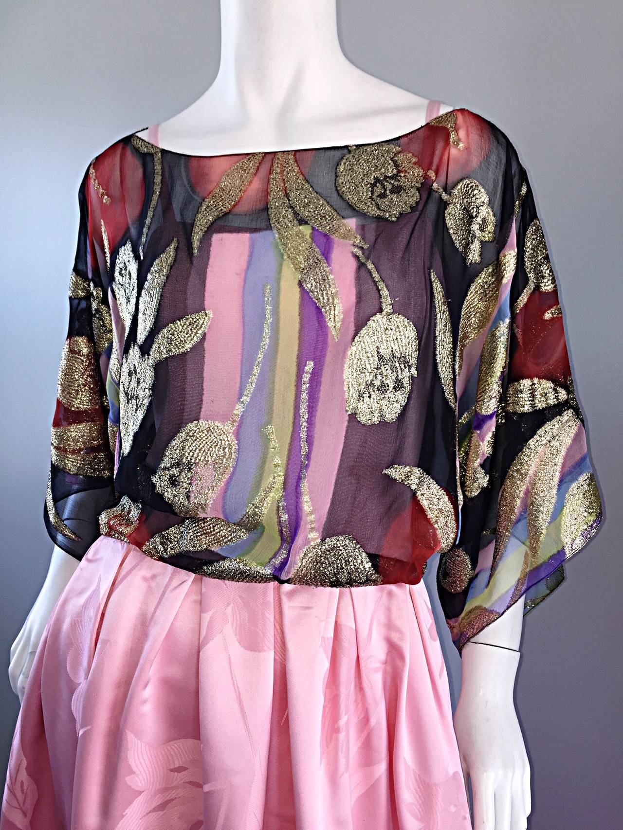 Exquisite Vintage Bohemian Pink Gown w/ Colorful Silk Gold Tulip Overlay In Excellent Condition In San Diego, CA