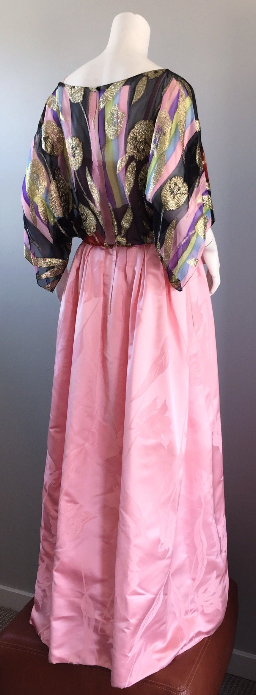 Women's Exquisite Vintage Bohemian Pink Gown w/ Colorful Silk Gold Tulip Overlay